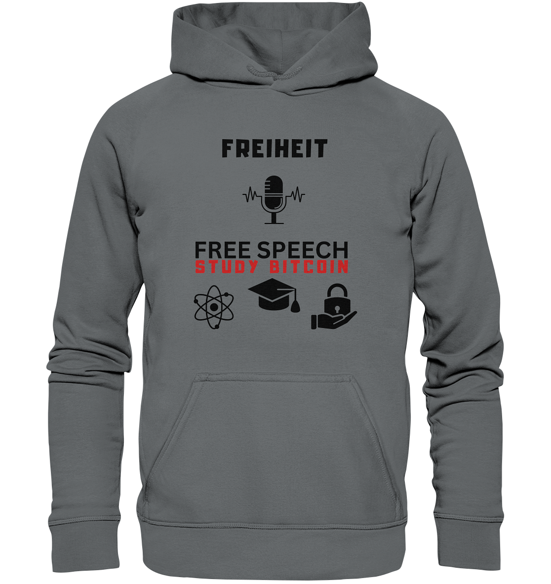 FREIHEIT (Mikrofon) FREE SPEECH, STUDY BITCOIN (3 Grafiken) - LADIES COLLECTION 21% automat. Rabatt bis zum Halving 2024 - Basic Unisex Hoodie