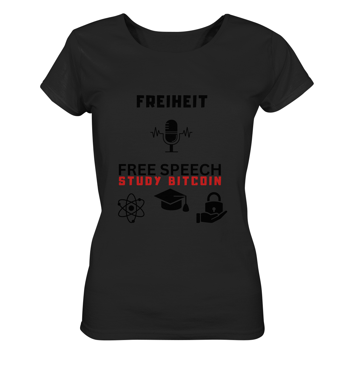 FREIHEIT (Mikrofon) FREE SPEECH, STUDY BITCOIN (3 Grafiken) - LADIES COLLECTION 21% automat. Rabatt bis zum Halving 2024 - Ladies Organic Basic Shirt