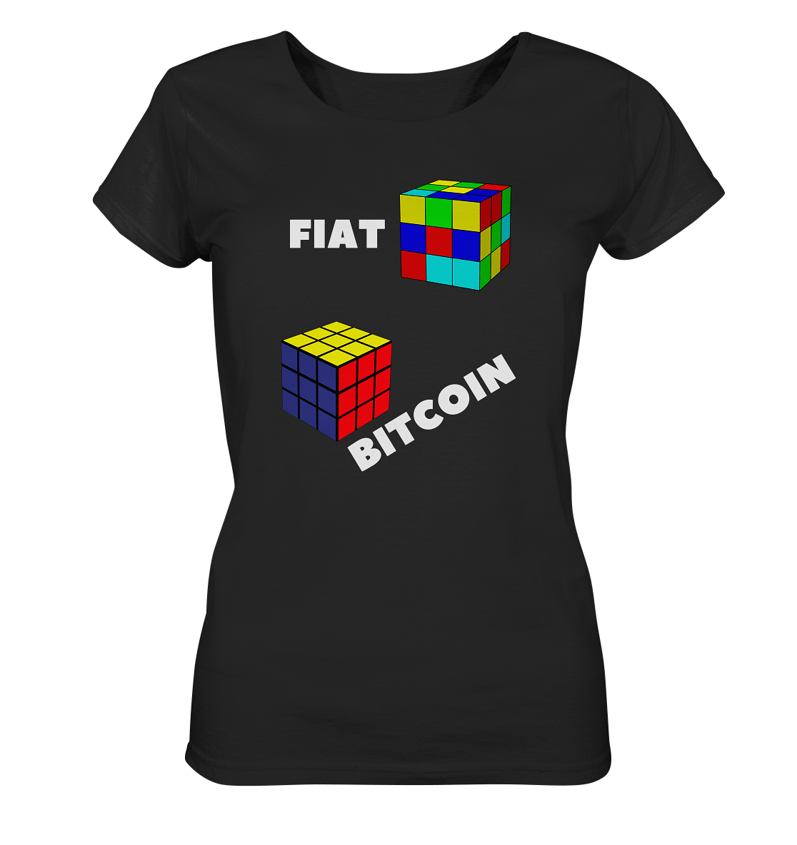 FIAT Cube & BITCOIN Cube - weisse Schrift, schräg (Ladies Collection 21% Rabatt bis zum Halving 2024) - Ladies Organic Shirt