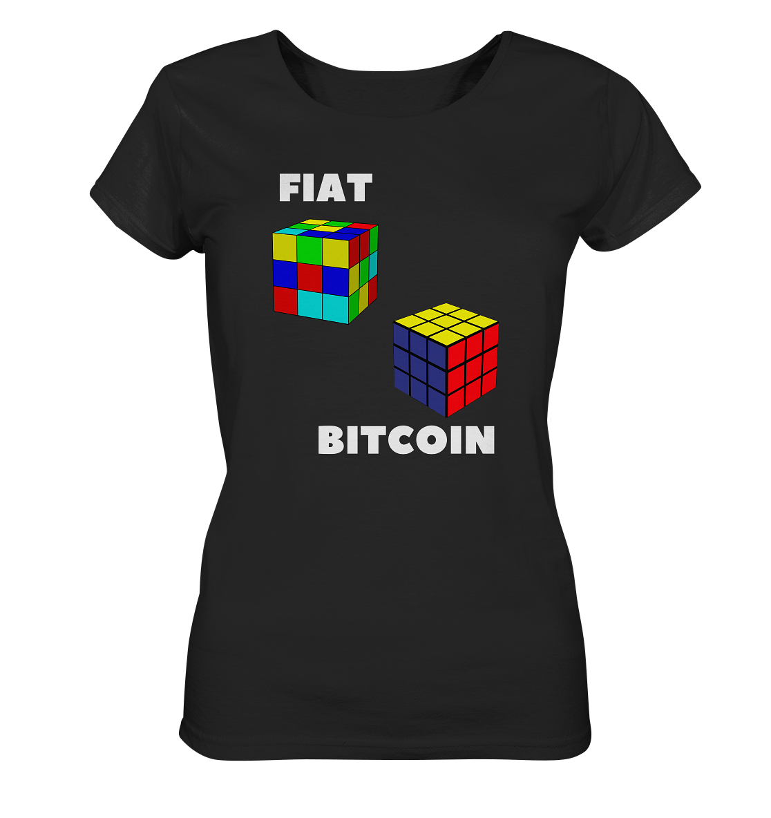 FIAT Cube & BITCOIN Cube - weisse Schrift, gerade (Ladies Collection 21% Rabatt bis zum Halving 2024) - Ladies Organic Shirt