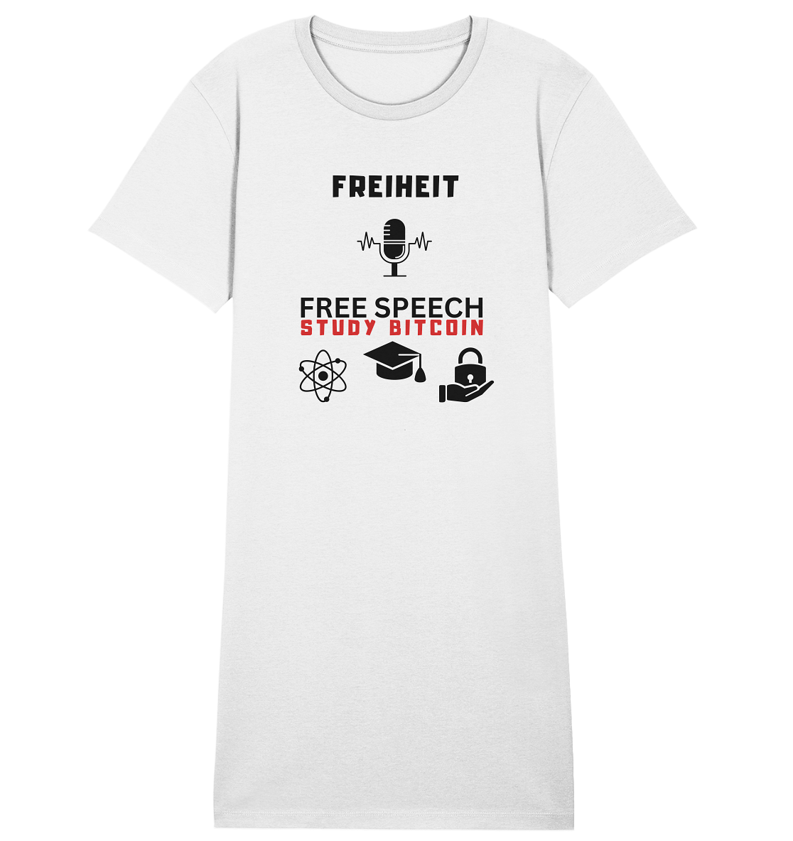FREIHEIT (Mikrofon) FREE SPEECH, STUDY BITCOIN (3 Grafiken) - LADIES COLLECTION 21% automat. Rabatt bis zum Halving 2024 - Ladies Organic Shirt Dress