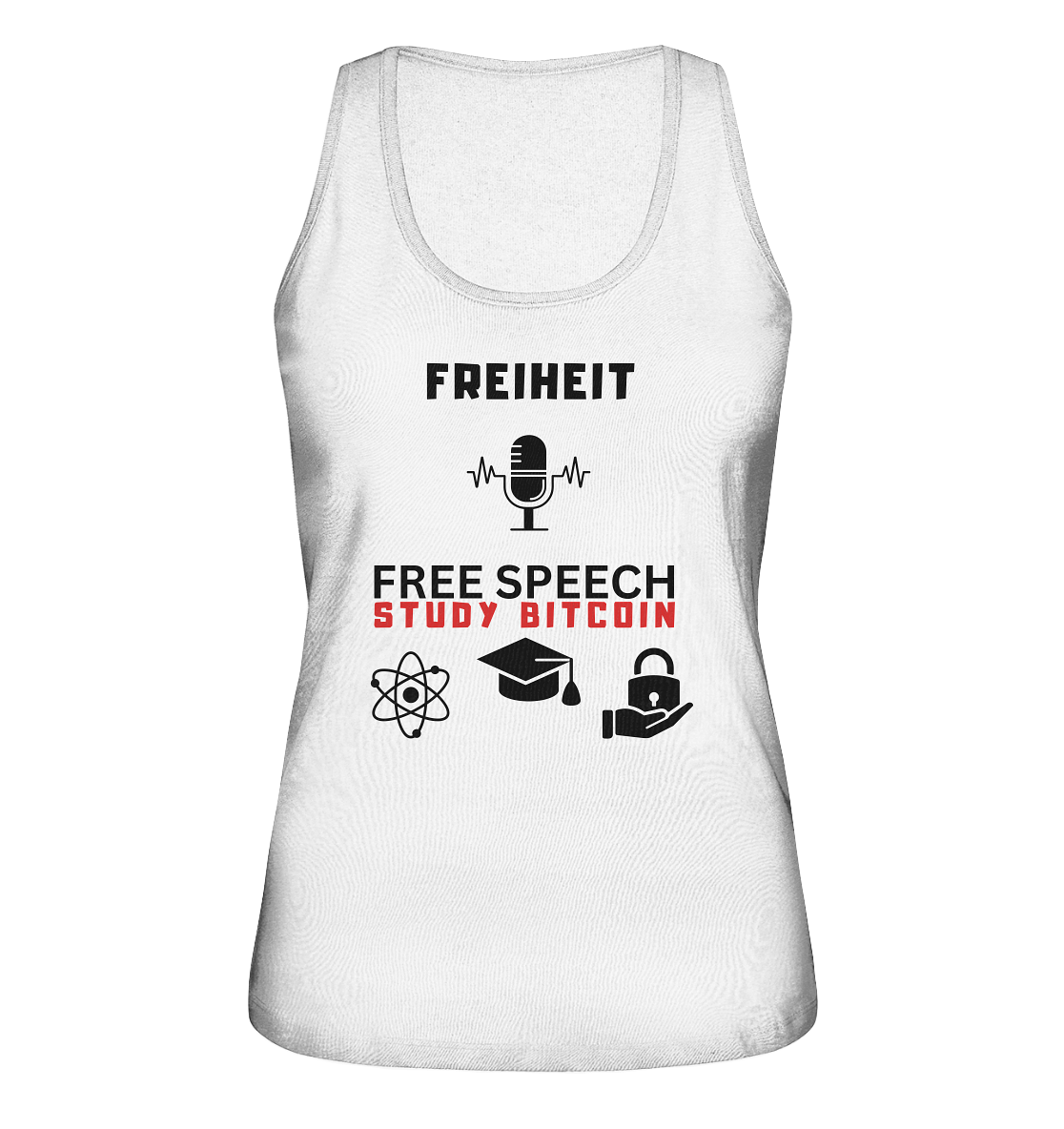 FREIHEIT (Mikrofon) FREE SPEECH, STUDY BITCOIN (3 Grafiken) - LADIES COLLECTION 21% automat. Rabatt bis zum Halving 2024 - Ladies Organic Tank-Top