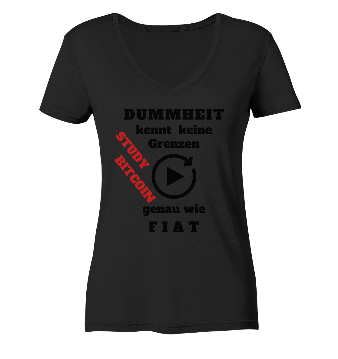 DUMMHEIT kennt keine Grenzen - genau wie FIAT - STUDY BITCOIN (schräg, rot) # ENDLOS-PLAYBUTTON - Ladies Collection 21% Rabatt bis zum Halving 2024 - Ladies Organic V-Neck Shirt