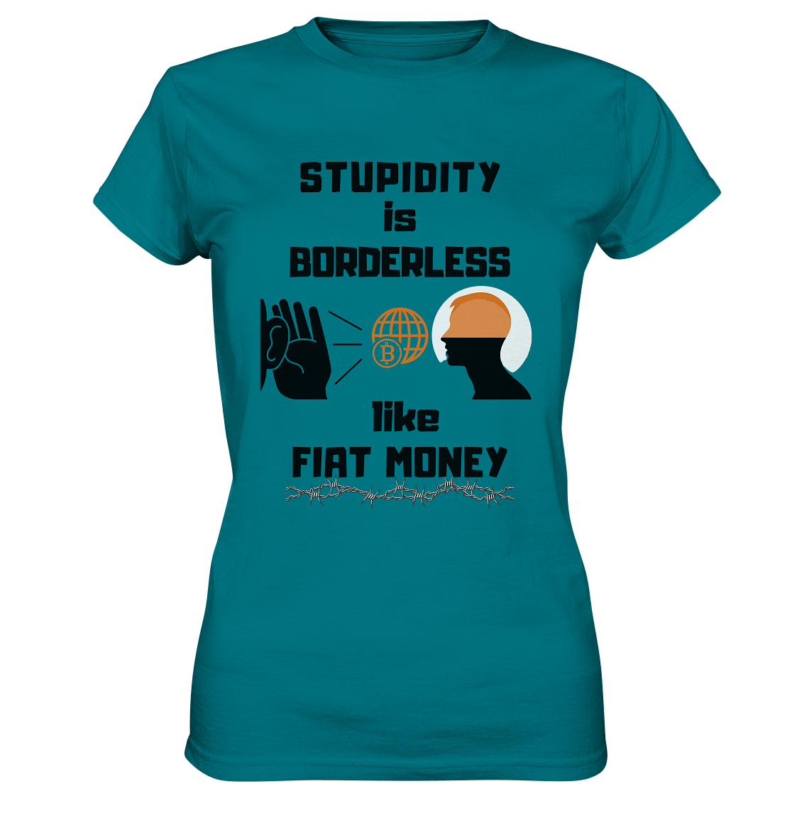 STUPIDITY is BORDERLESS like FIAT MONEY (BTC World, Version 3) LADIES COLLECTION 21% automat. Rabatt bis zum Halving 2024 - Ladies Premium Shirt