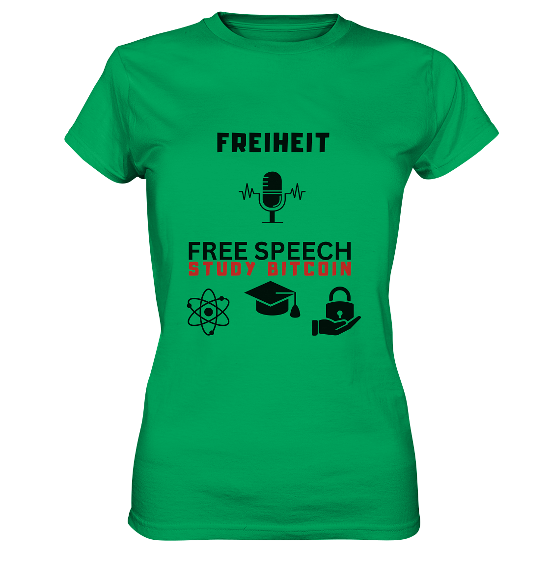FREIHEIT (Mikrofon) FREE SPEECH, STUDY BITCOIN (3 Grafiken) - LADIES COLLECTION 21% automat. Rabatt bis zum Halving 2024 - Ladies Premium Shirt