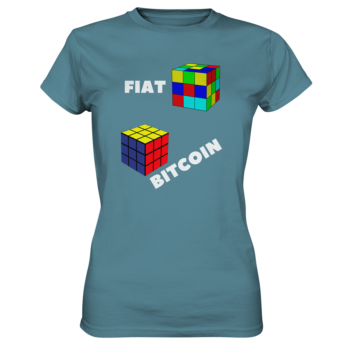 FIAT Cube & BITCOIN Cube - weisse Schrift, schräg (Ladies Collection 21% Rabatt bis zum Halving 2024) - Ladies Premium Shirt