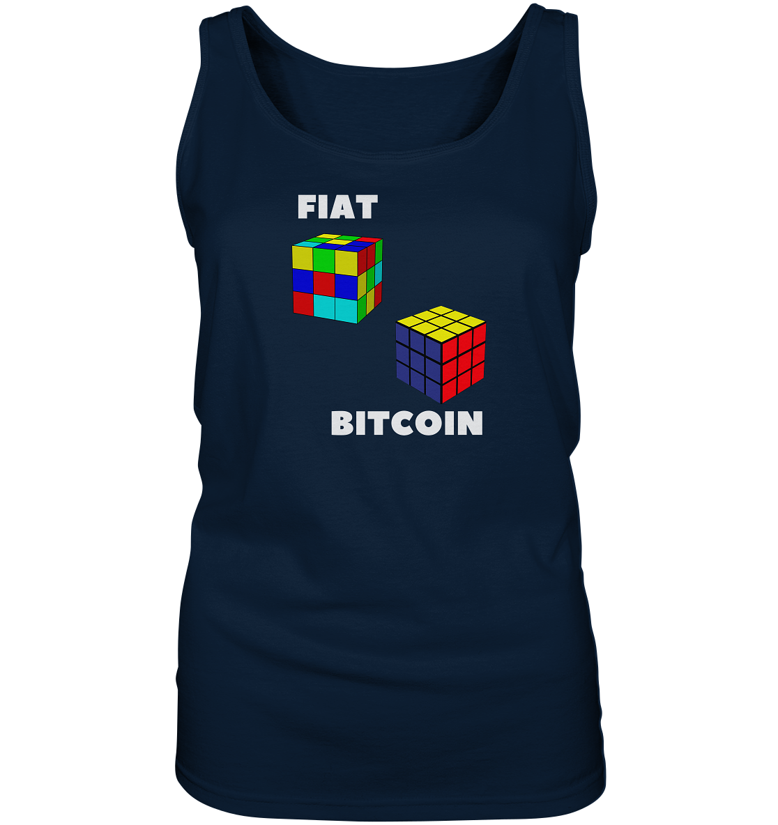 FIAT Cube & BITCOIN Cube - weisse Schrift, gerade (Ladies Collection 21% Rabatt bis zum Halving 2024) - Ladies Tank-Top