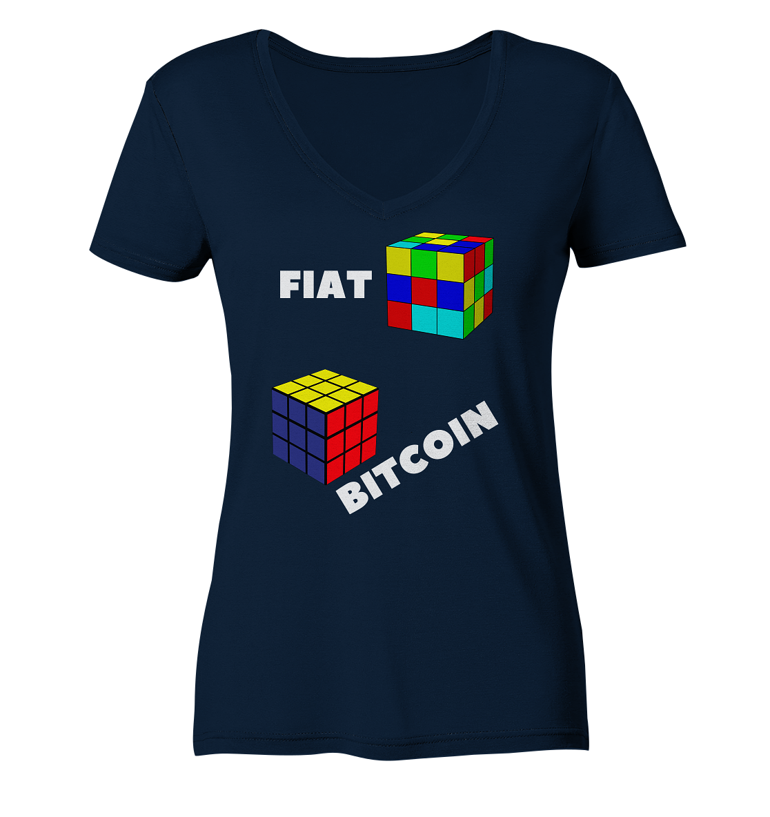 FIAT Cube & BITCOIN Cube - weisse Schrift, schräg (Ladies Collection 21% Rabatt bis zum Halving 2024) - Ladies V-Neck Shirt