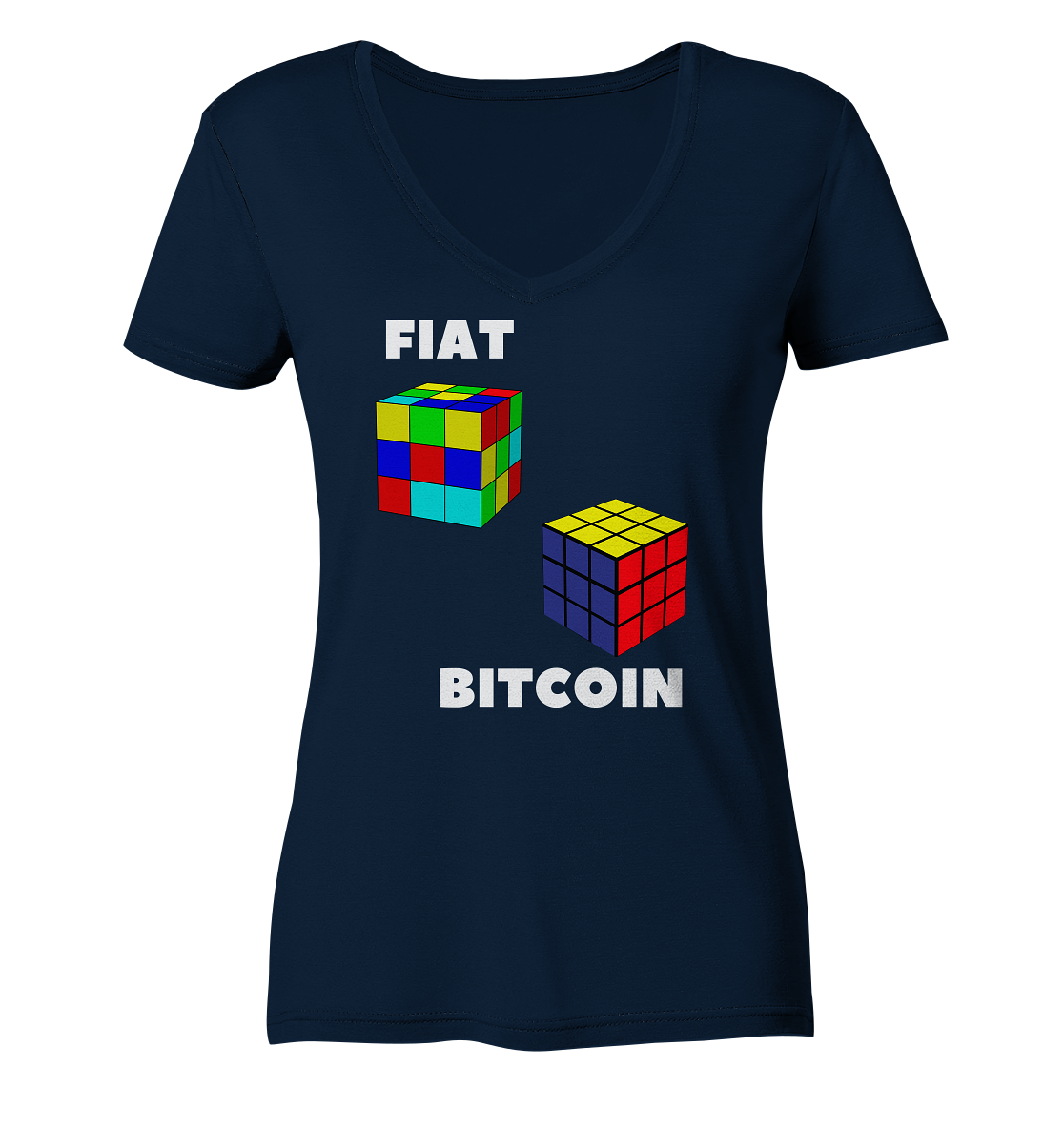 FIAT Cube & BITCOIN Cube - weisse Schrift, gerade (Ladies Collection 21% Rabatt bis zum Halving 2024) - Ladies V-Neck Shirt