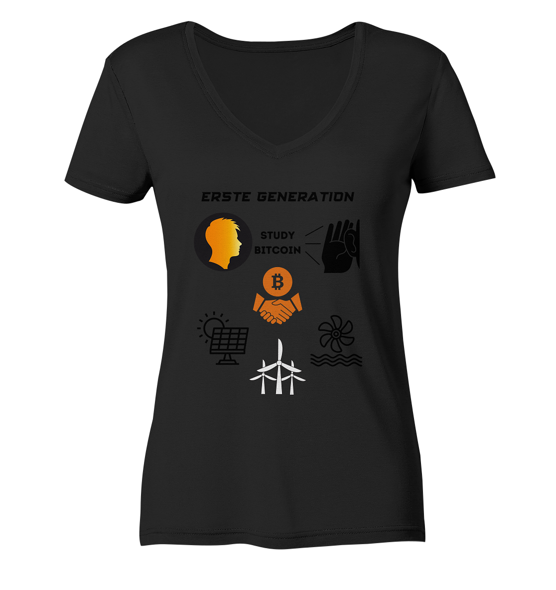 ERSTE (BITCOIN) GENERATION - STUDY BITCOIN (3 grüne Energie Grafiken) - LADIES COLLECTION 21% automat. Rabatt bis zum Halving 2024 - Ladies V-Neck Shirt