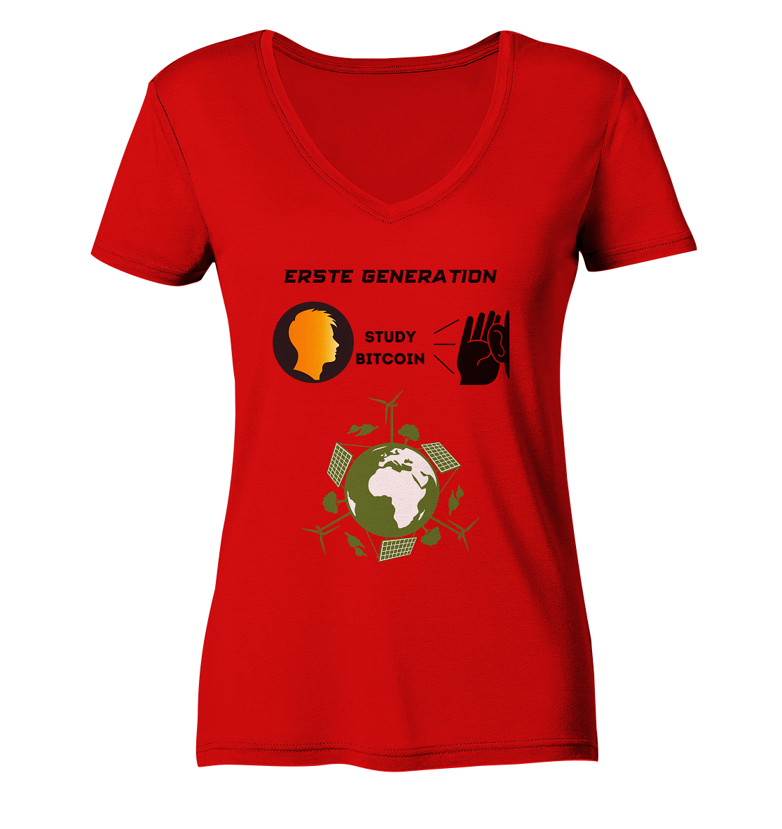 ERSTE (BITCOIN) GENERATION - STUDY BITCOIN (green world Grafik) - LADIES COLLECTION 21% automat. Rabatt bis zum Halving 2024 - Ladies V-Neck Shirt