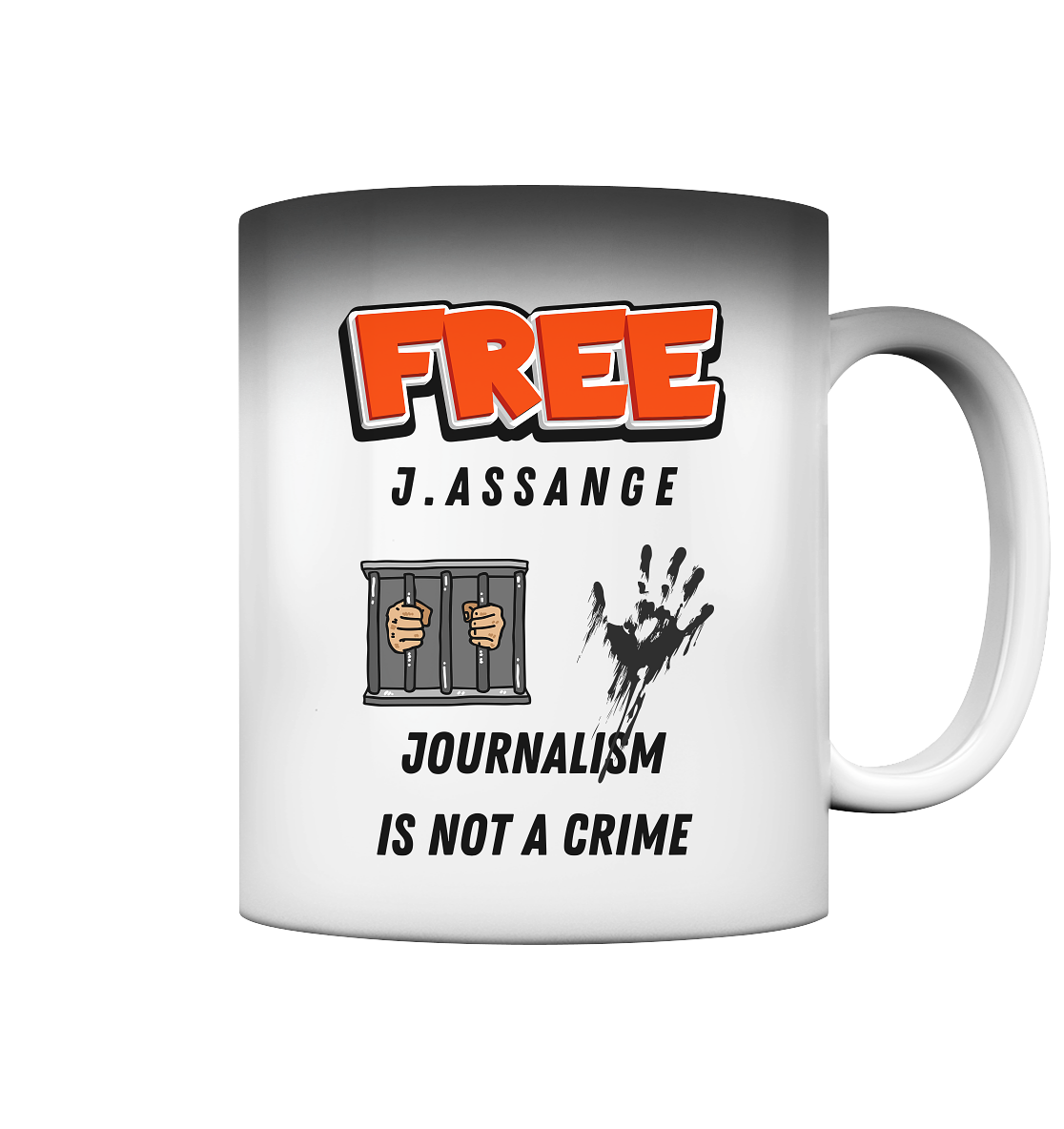 FREE ASSANGE - JOURNALISM IS NOT A CRIME (2 Grafiken, jail & hand) - Magic Mug