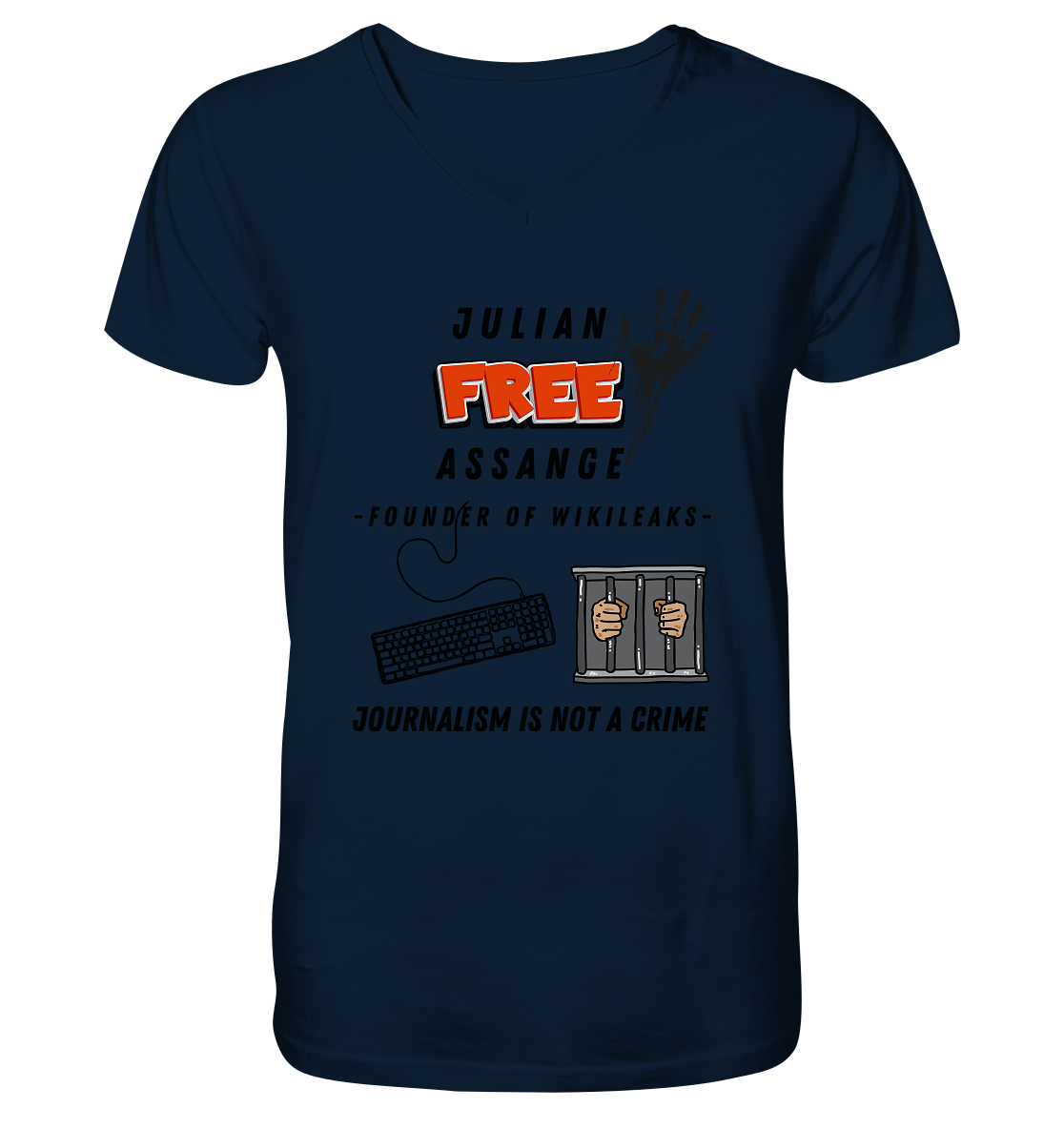 JULIAN FREE ASSANGE - FOUNDER OF WIKILEAKS - JOURNALISM IS NOT A CRIME (GRAFIKEN, Tastatur, Zelle, Hand)) - Mens Organic V-Neck Shirt