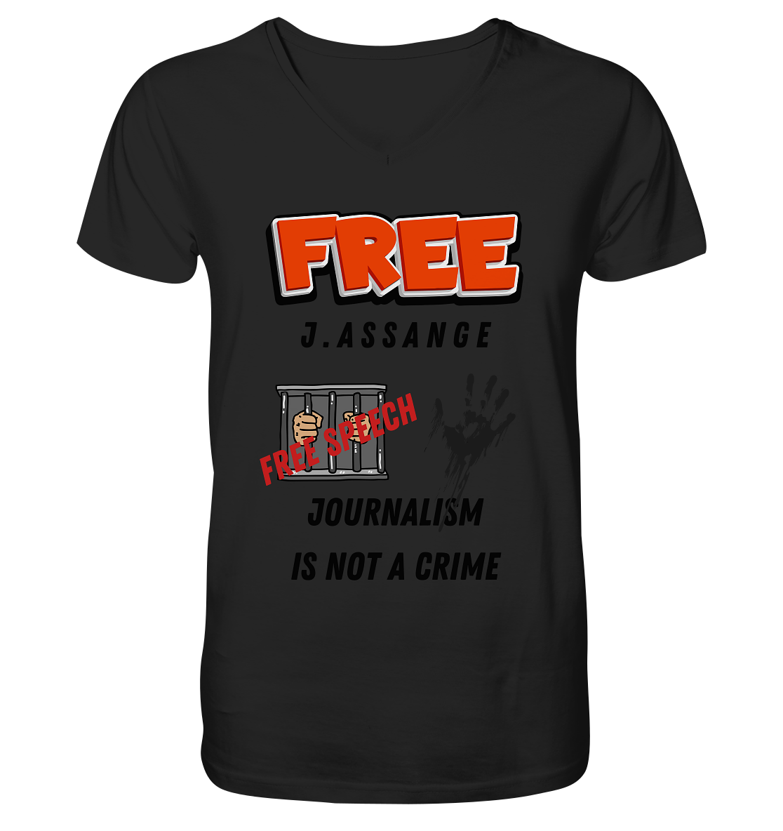 FREE J.ASSANGE - JOURNALISM IS NOT A CRIME, FREE SPEECH (2 GRAFIKEN) - Mens Organic V-Neck Shirt