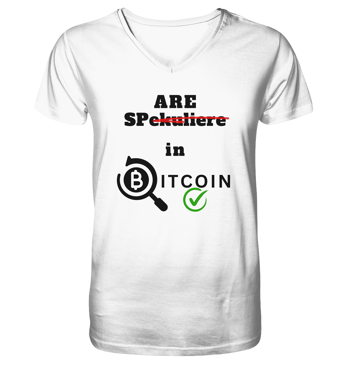 SPARE in BITCOIN (Version "nicht spekuliere", Lupe, grüner Haken) - Mens Organic V-Neck Shirt