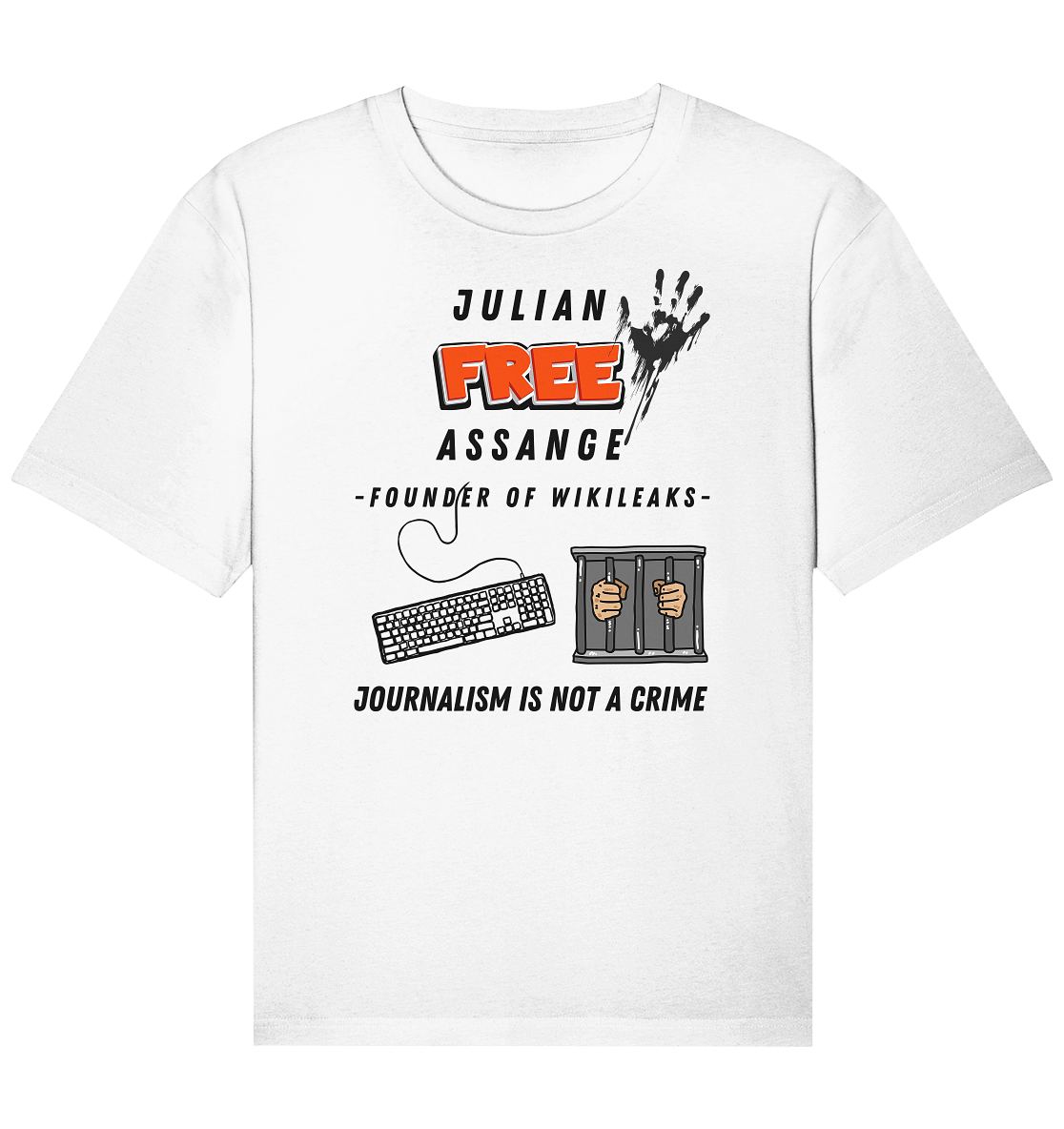JULIAN FREE ASSANGE - FOUNDER OF WIKILEAKS - JOURNALISM IS NOT A CRIME (GRAFIKEN, Tastatur, Zelle, Hand)) - Organic Relaxed Shirt
