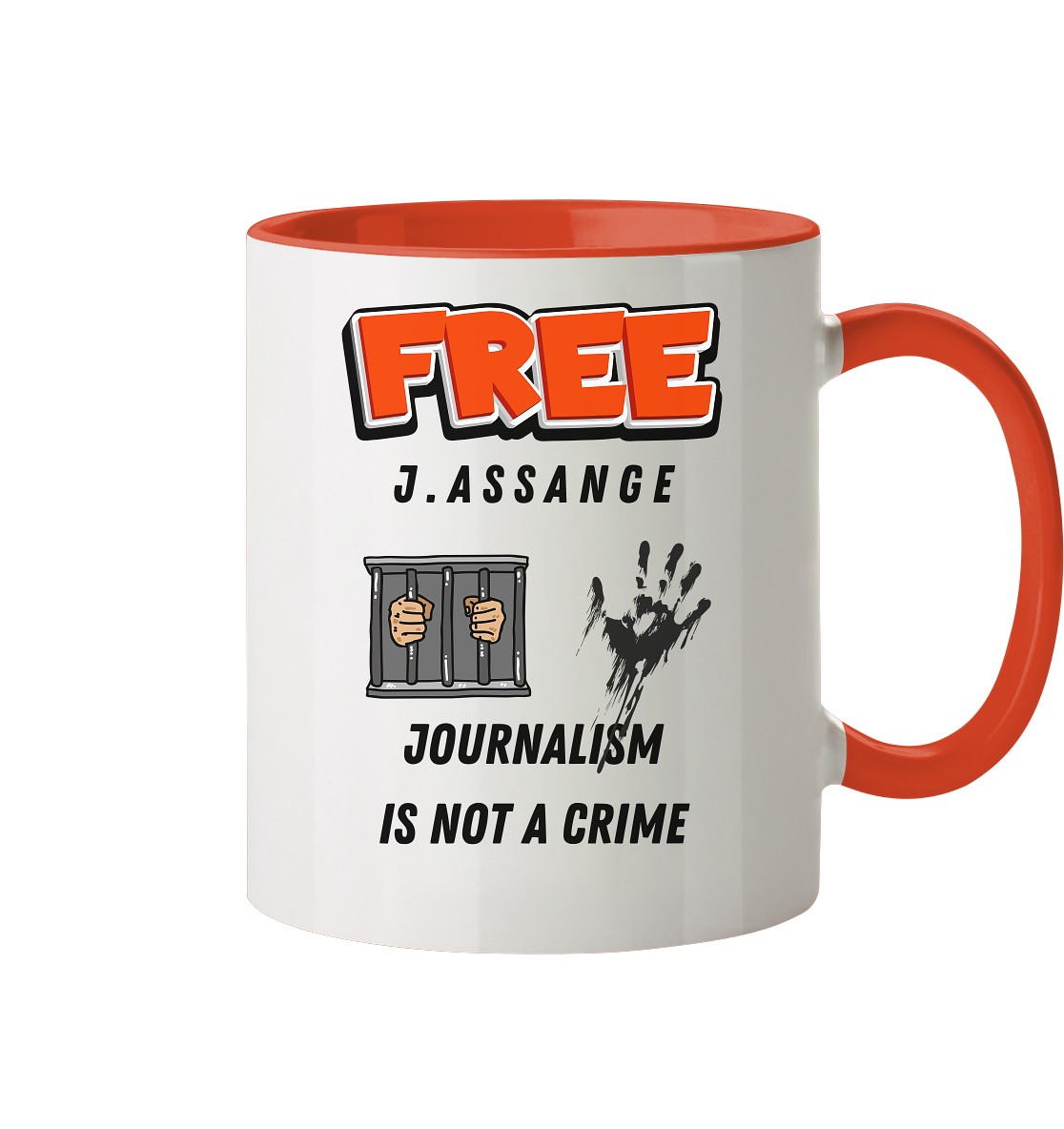 FREE ASSANGE - JOURNALISM IS NOT A CRIME (2 Grafiken, jail & hand) - Tasse zweifarbig