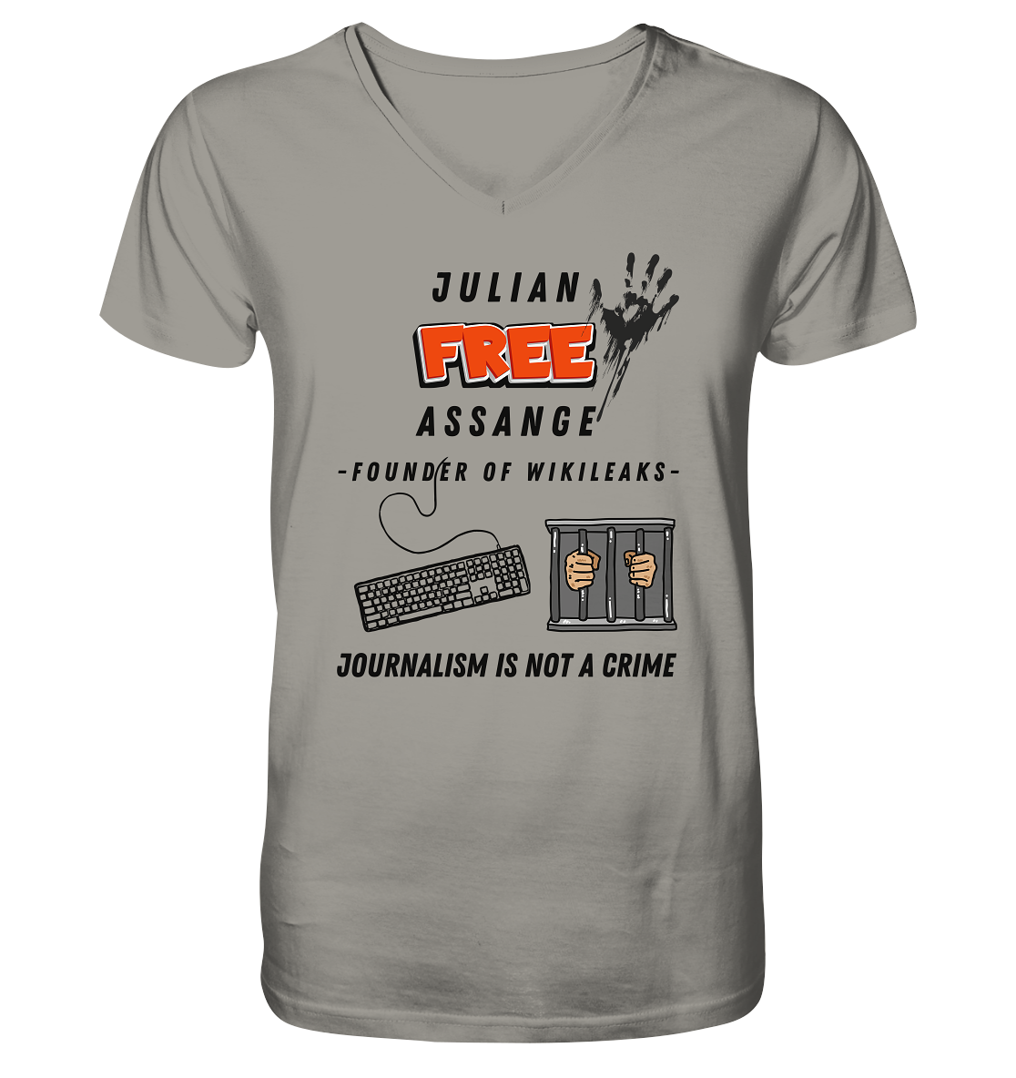 JULIAN FREE ASSANGE - FOUNDER OF WIKILEAKS - JOURNALISM IS NOT A CRIME (GRAFIKEN, Tastatur, Zelle, Hand)) - V-Neck Shirt