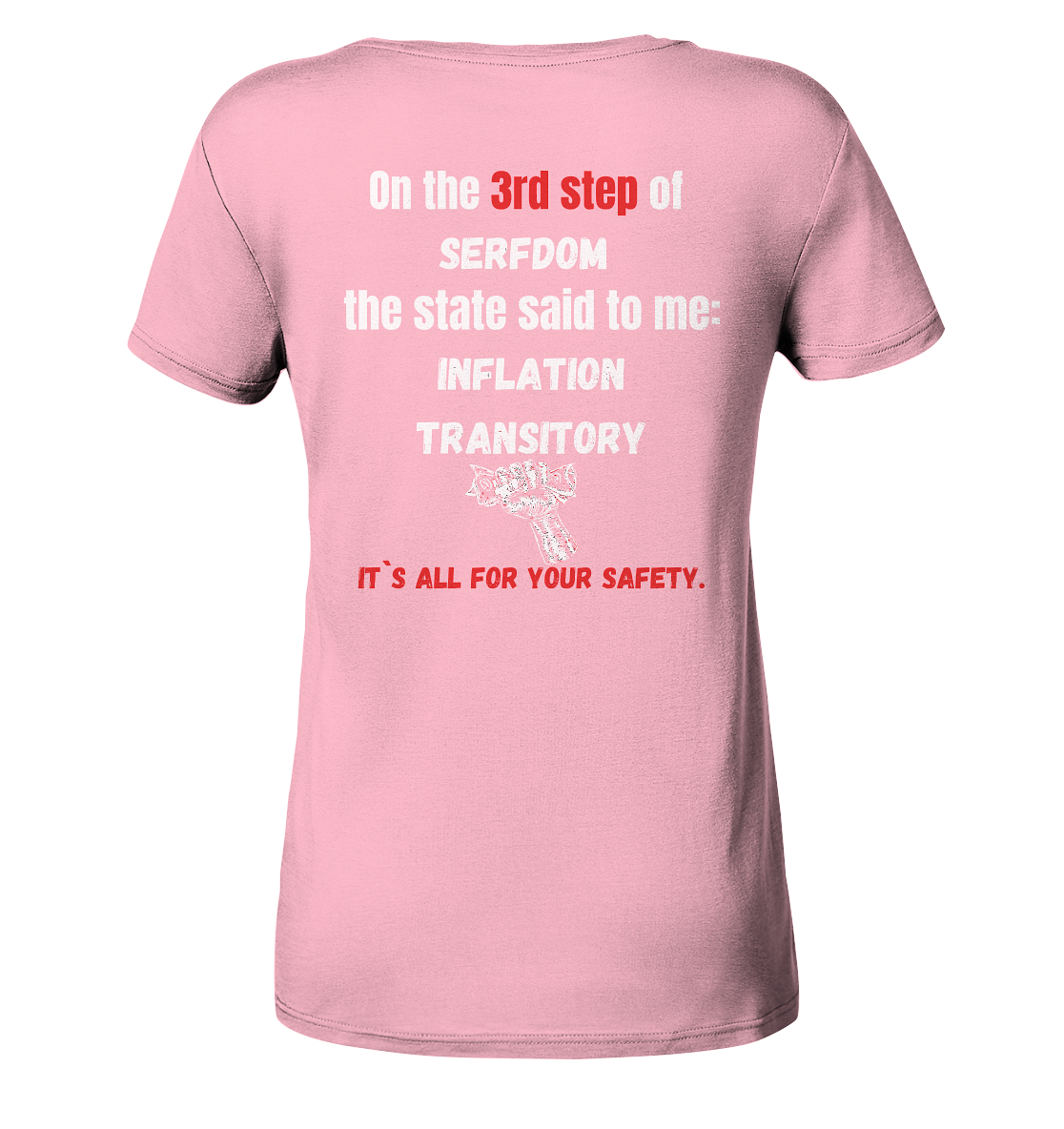 3rd step of serfdom the state said to me: INFLATION TRANSITORY # RÜCKENDRUCK # (Ladies Collection 21% Rabatt bis zum Halving 2024) - Ladies Organic Basic Shirt