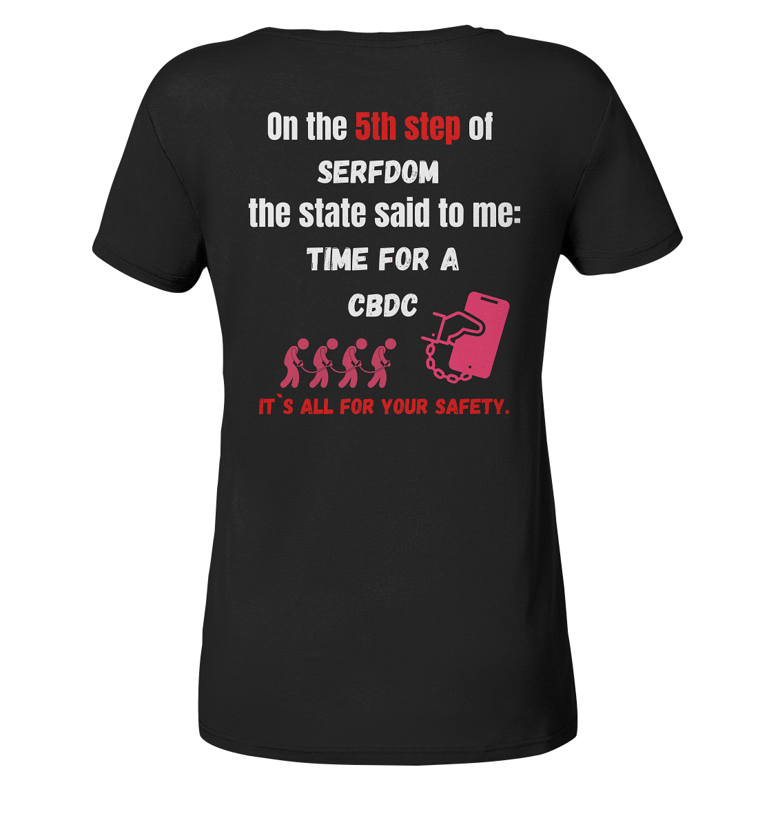 5th step of serfdom the state said to me: TIME FOR A CBDC # RÜCKENDRUCK # (Ladies Collection 21% Rabatt bis zum Halving 2024) - Ladies Organic V-Neck Shirt