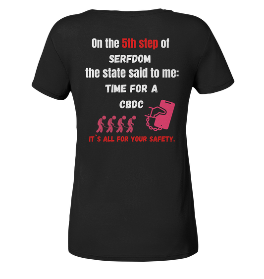 5th step of serfdom the state said to me: TIME FOR A CBDC # RÜCKENDRUCK # (Ladies Collection 21% Rabatt bis zum Halving 2024) - Ladies Organic V-Neck Shirt