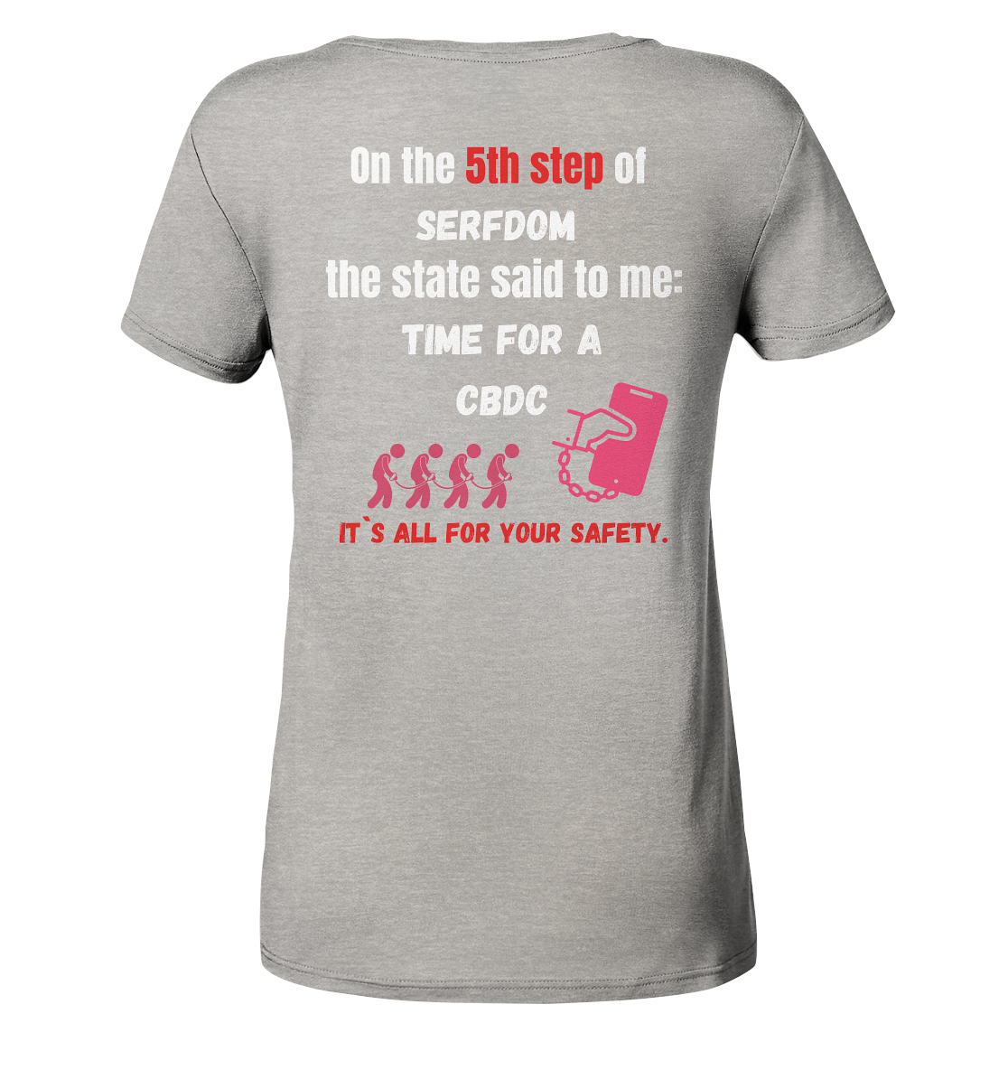 5th step of serfdom the state said to me: TIME FOR A CBDC # RÜCKENDRUCK # (Ladies Collection 21% Rabatt bis zum Halving 2024) - Ladies Organic V-Neck Shirt