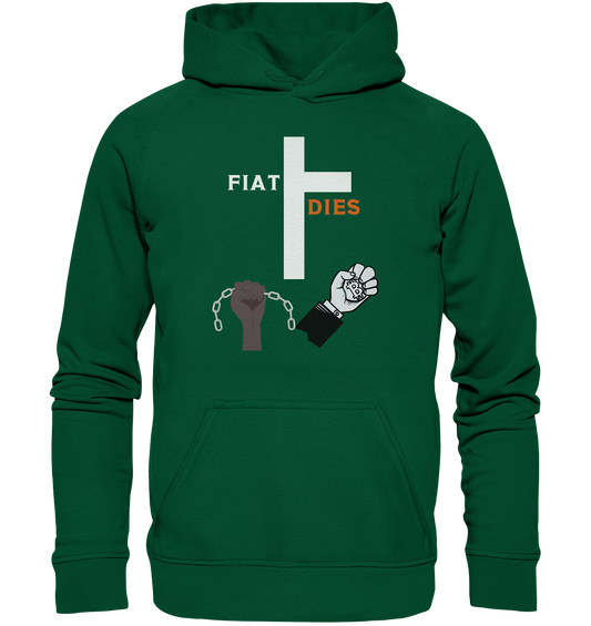 FIAT DIES (Kreuz + gesprengte Ketten & Hand mit Bitcoin) - Basic Unisex Hoodie