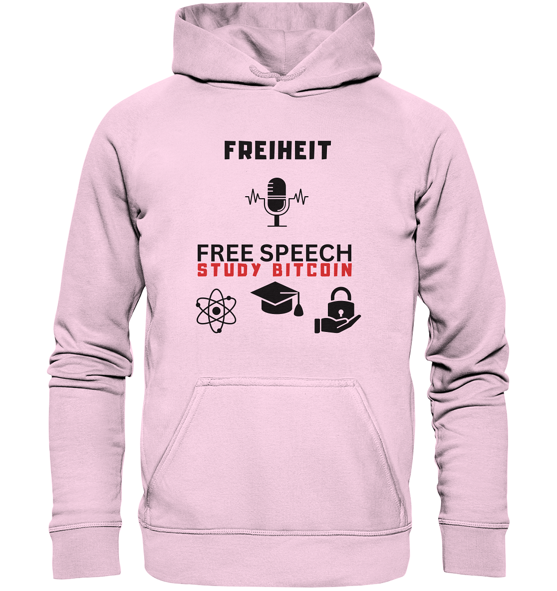 FREIHEIT (Mikrofon) FREE SPEECH, STUDY BITCOIN (3 Grafiken) - LADIES COLLECTION 21% automat. Rabatt bis zum Halving 2024   - Basic Unisex Hoodie