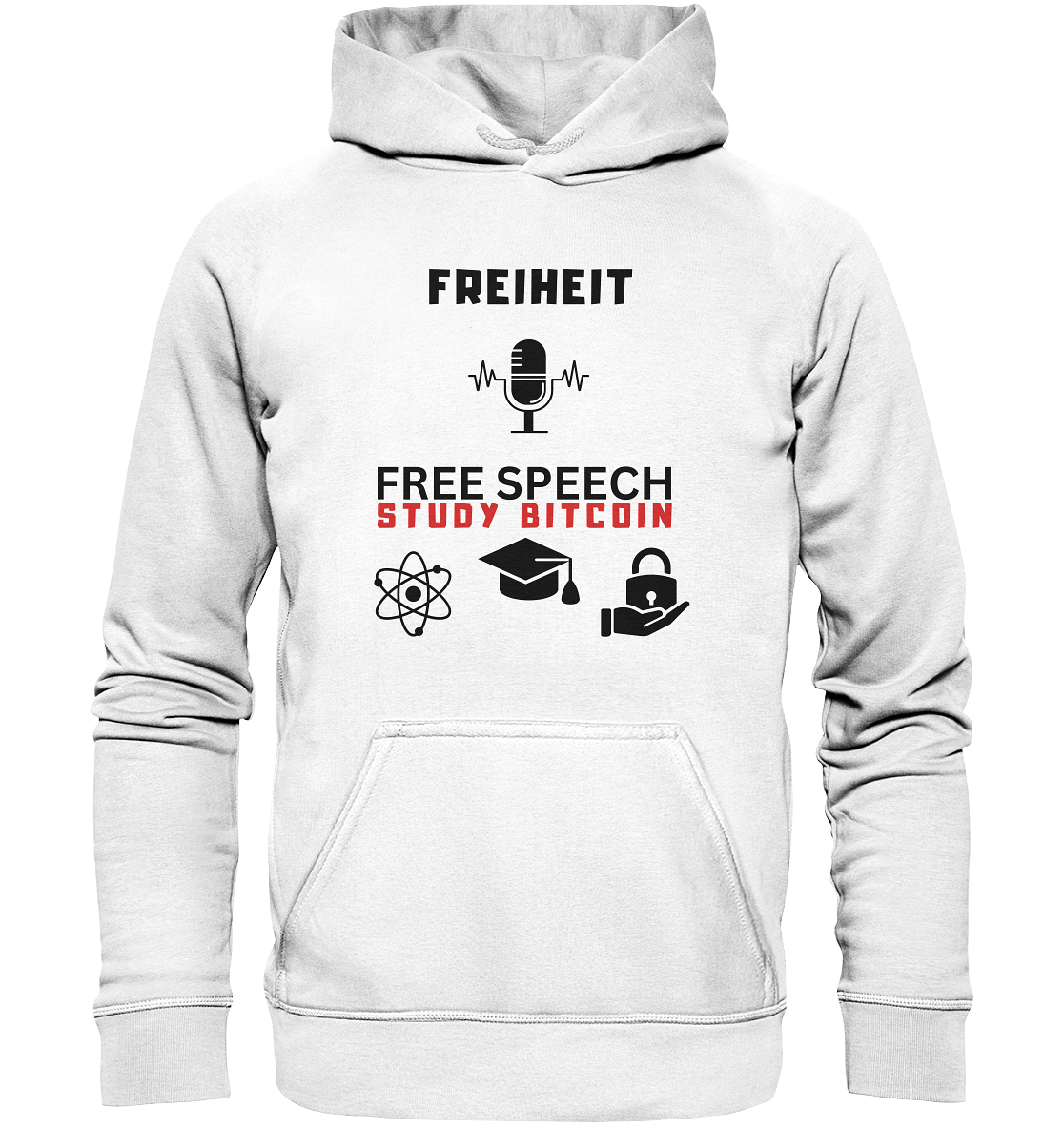 FREIHEIT (Mikrofon) FREE SPEECH, STUDY BITCOIN (3 Grafiken) - LADIES COLLECTION 21% automat. Rabatt bis zum Halving 2024   - Basic Unisex Hoodie
