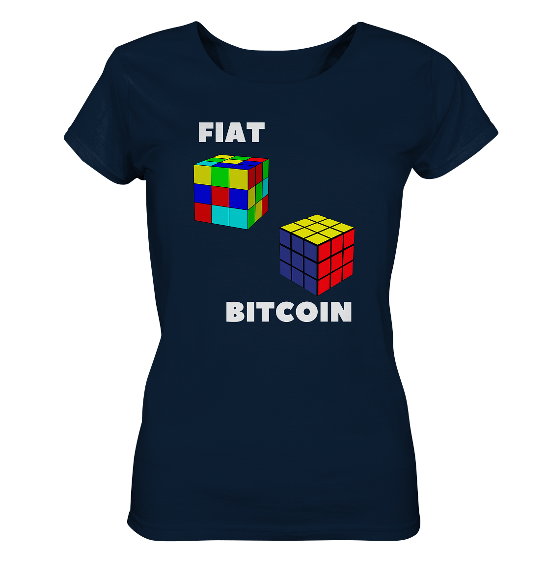FIAT Cube & BITCOIN Cube - weisse Schrift, gerade (Ladies Collection 21% Rabatt bis zum Halving 2024) - Ladies Organic Basic Shirt
