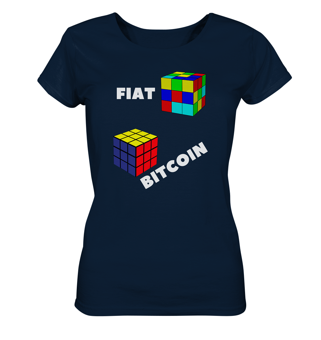 FIAT Cube & BITCOIN Cube - weisse Schrift, schräg (Ladies Collection 21% Rabatt bis zum Halving 2024) - Ladies Organic Basic Shirt