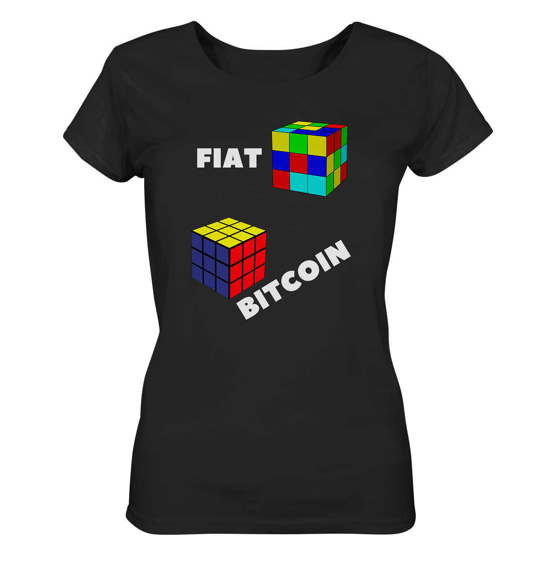 FIAT Cube & BITCOIN Cube - weisse Schrift, schräg (Ladies Collection 21% Rabatt bis zum Halving 2024) - Ladies Organic Basic Shirt