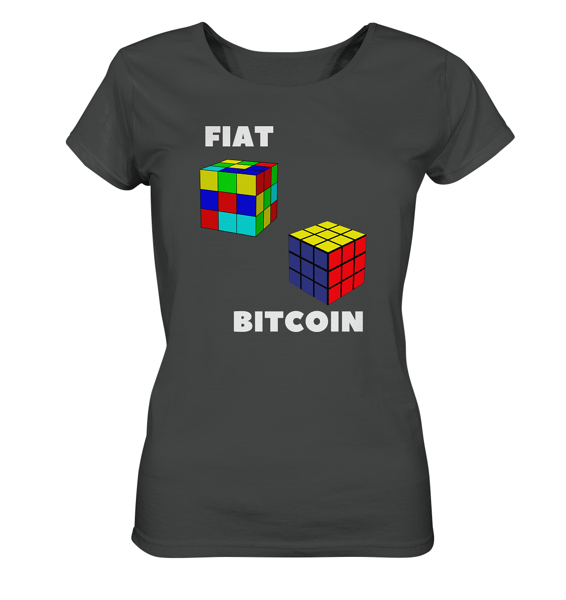 FIAT Cube & BITCOIN Cube - weisse Schrift, gerade (Ladies Collection 21% Rabatt bis zum Halving 2024) - Ladies Organic Basic Shirt