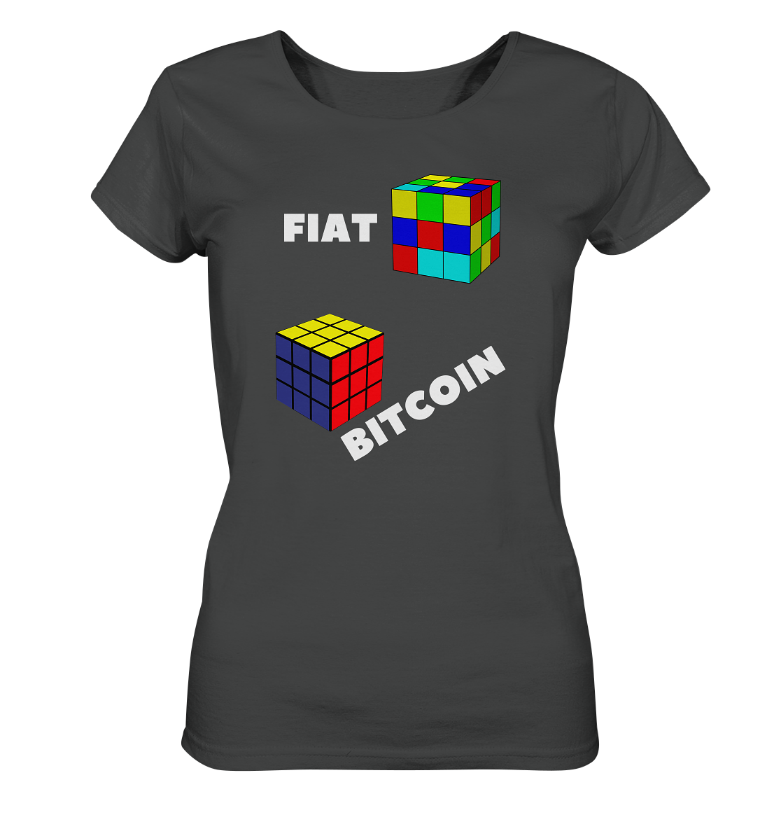 FIAT Cube & BITCOIN Cube - weisse Schrift, schräg (Ladies Collection 21% Rabatt bis zum Halving 2024) - Ladies Organic Basic Shirt