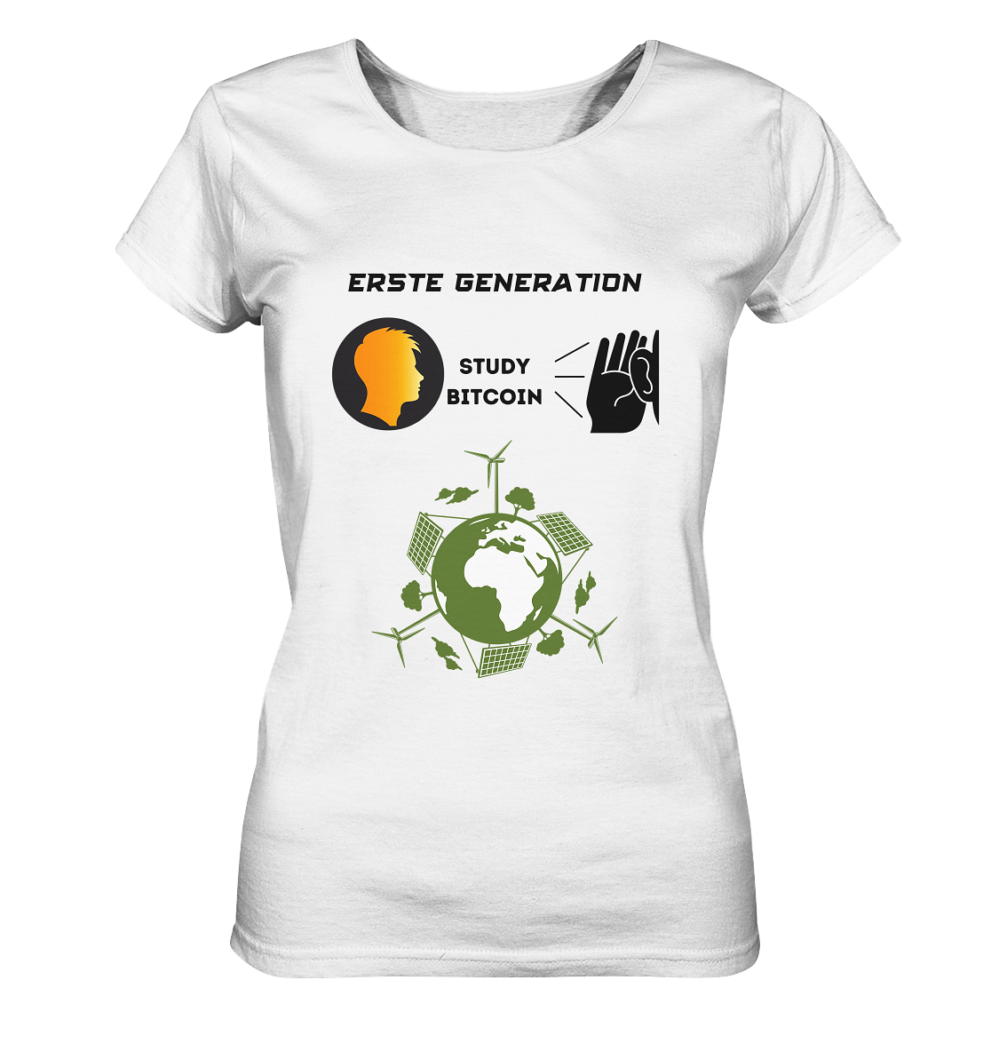 ERSTE (BITCOIN) GENERATION - STUDY BITCOIN (green world Grafik) - LADIES COLLECTION 21% automat. Rabatt bis zum Halving 2024  - Ladies Organic Basic Shirt