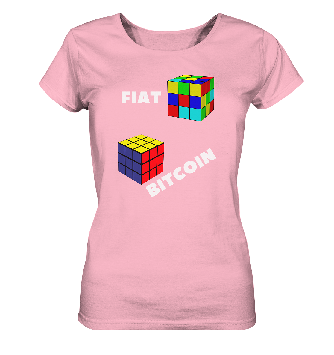 FIAT Cube & BITCOIN Cube - weisse Schrift, schräg (Ladies Collection 21% Rabatt bis zum Halving 2024) - Ladies Organic Basic Shirt