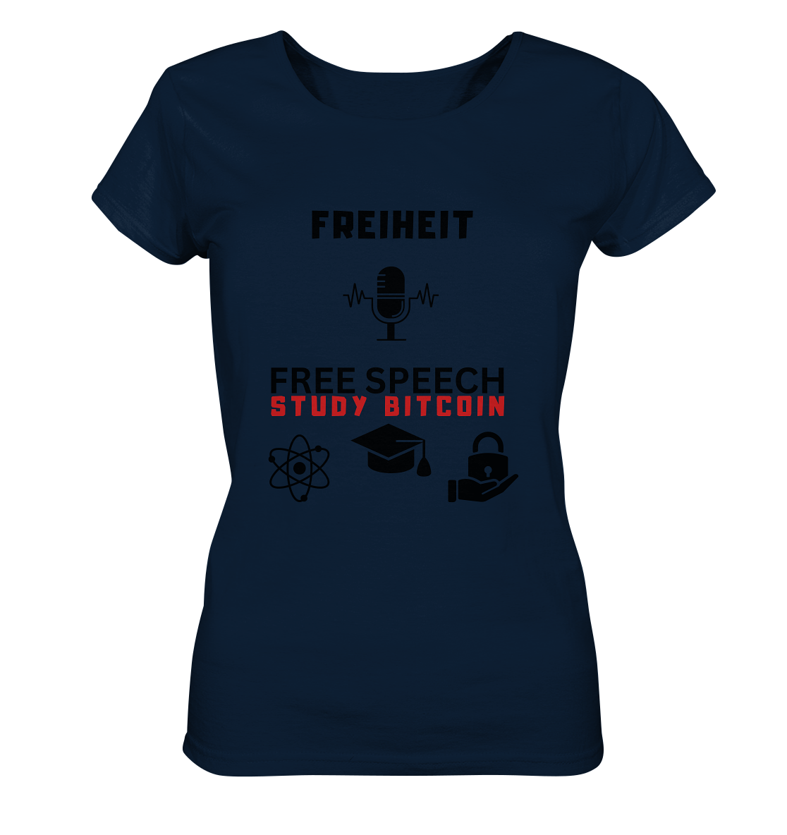 FREIHEIT (Mikrofon) FREE SPEECH, STUDY BITCOIN (3 Grafiken) - LADIES COLLECTION 21% automat. Rabatt bis zum Halving 2024   - Ladies Organic Shirt