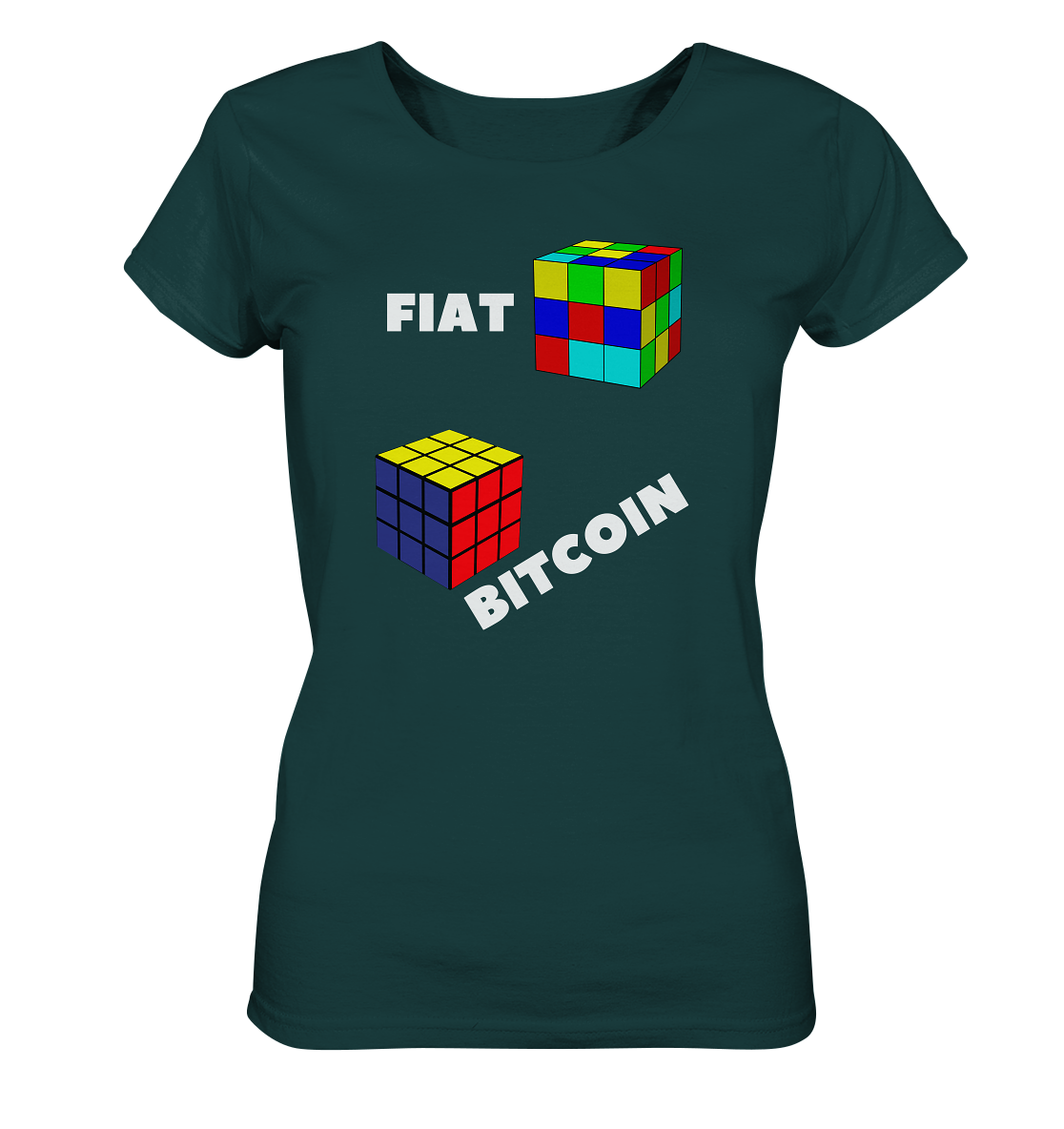 FIAT Cube & BITCOIN Cube - weisse Schrift, schräg (Ladies Collection 21% Rabatt bis zum Halving 2024) - Ladies Organic Shirt