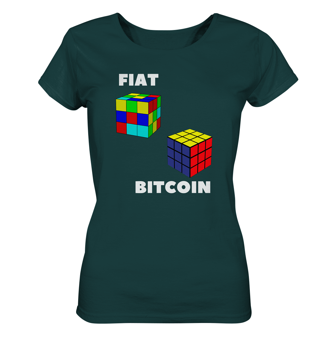 FIAT Cube & BITCOIN Cube - weisse Schrift, gerade (Ladies Collection 21% Rabatt bis zum Halving 2024) - Ladies Organic Shirt
