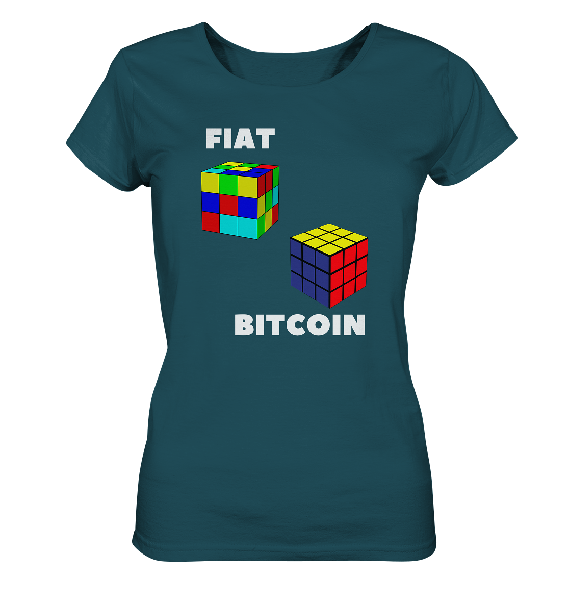 FIAT Cube & BITCOIN Cube - weisse Schrift, gerade (Ladies Collection 21% Rabatt bis zum Halving 2024) - Ladies Organic Shirt