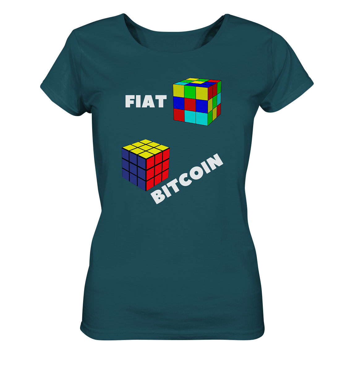 FIAT Cube & BITCOIN Cube - weisse Schrift, schräg (Ladies Collection 21% Rabatt bis zum Halving 2024) - Ladies Organic Shirt