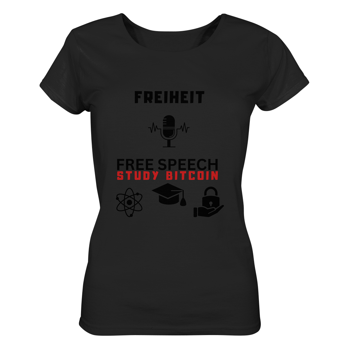 FREIHEIT (Mikrofon) FREE SPEECH, STUDY BITCOIN (3 Grafiken) - LADIES COLLECTION 21% automat. Rabatt bis zum Halving 2024   - Ladies Organic Shirt