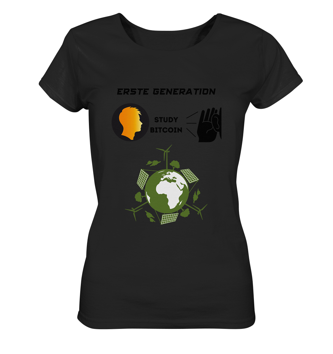 ERSTE (BITCOIN) GENERATION - STUDY BITCOIN (green world Grafik) - LADIES COLLECTION 21% automat. Rabatt bis zum Halving 2024  - Ladies Organic Shirt