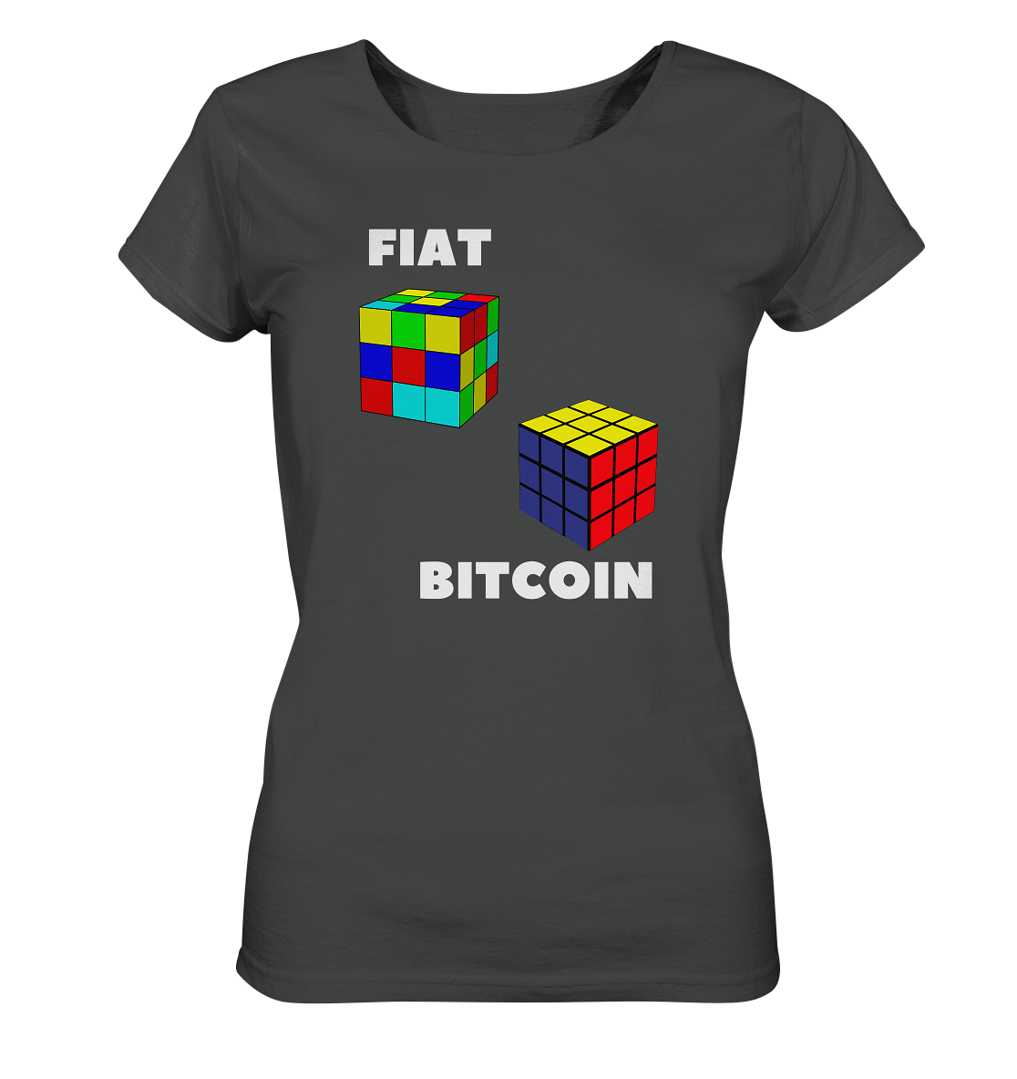 FIAT Cube & BITCOIN Cube - weisse Schrift, gerade (Ladies Collection 21% Rabatt bis zum Halving 2024) - Ladies Organic Shirt