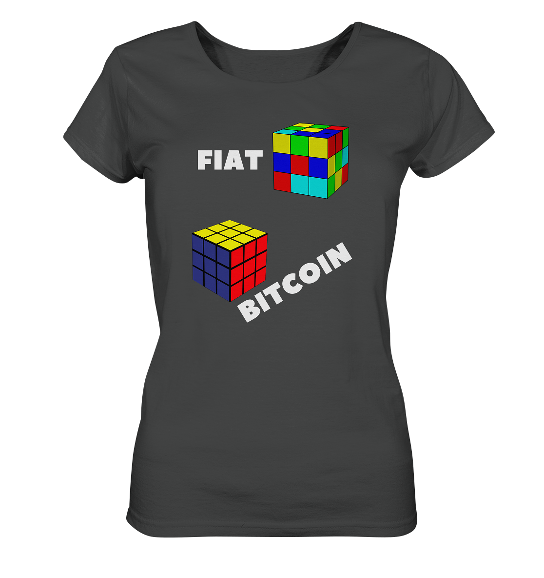 FIAT Cube & BITCOIN Cube - weisse Schrift, schräg (Ladies Collection 21% Rabatt bis zum Halving 2024) - Ladies Organic Shirt