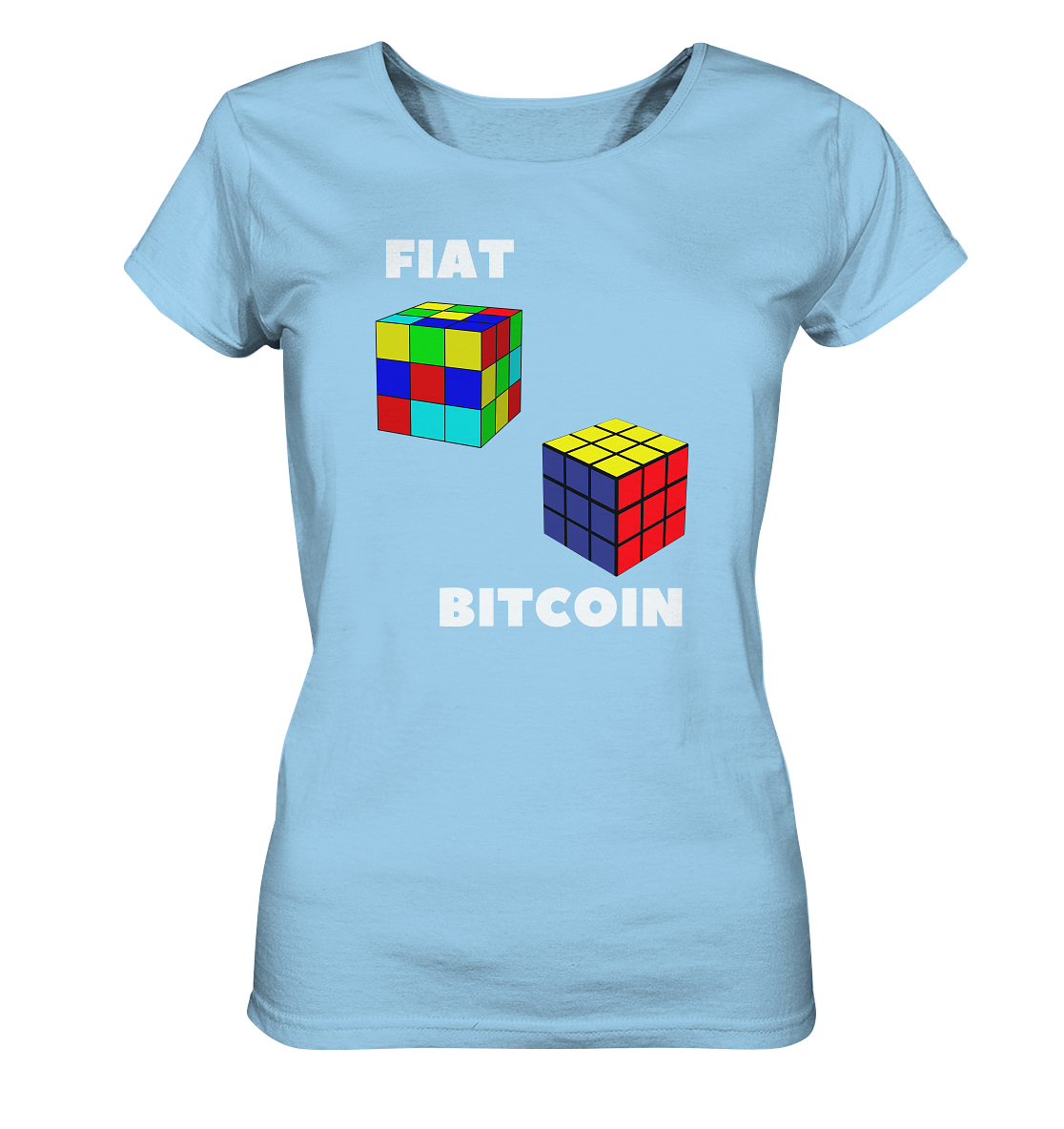 FIAT Cube & BITCOIN Cube - weisse Schrift, gerade (Ladies Collection 21% Rabatt bis zum Halving 2024) - Ladies Organic Shirt