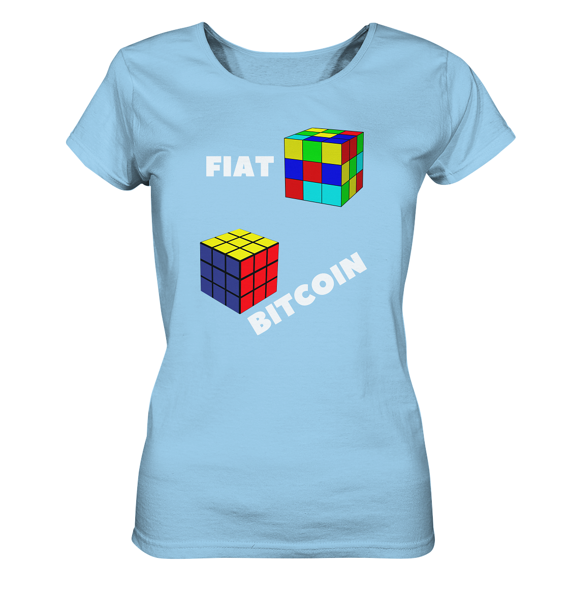 FIAT Cube & BITCOIN Cube - weisse Schrift, schräg (Ladies Collection 21% Rabatt bis zum Halving 2024) - Ladies Organic Shirt