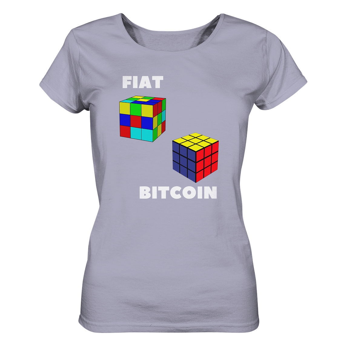 FIAT Cube & BITCOIN Cube - weisse Schrift, gerade (Ladies Collection 21% Rabatt bis zum Halving 2024) - Ladies Organic Shirt