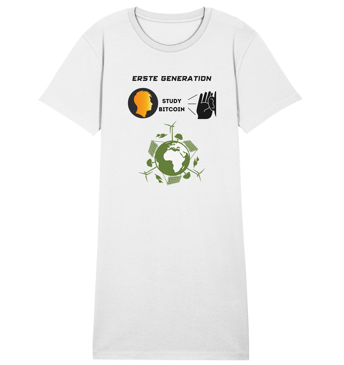 ERSTE (BITCOIN) GENERATION - STUDY BITCOIN (green world Grafik) - LADIES COLLECTION 21% automat. Rabatt bis zum Halving 2024  - Ladies Organic Shirt Dress