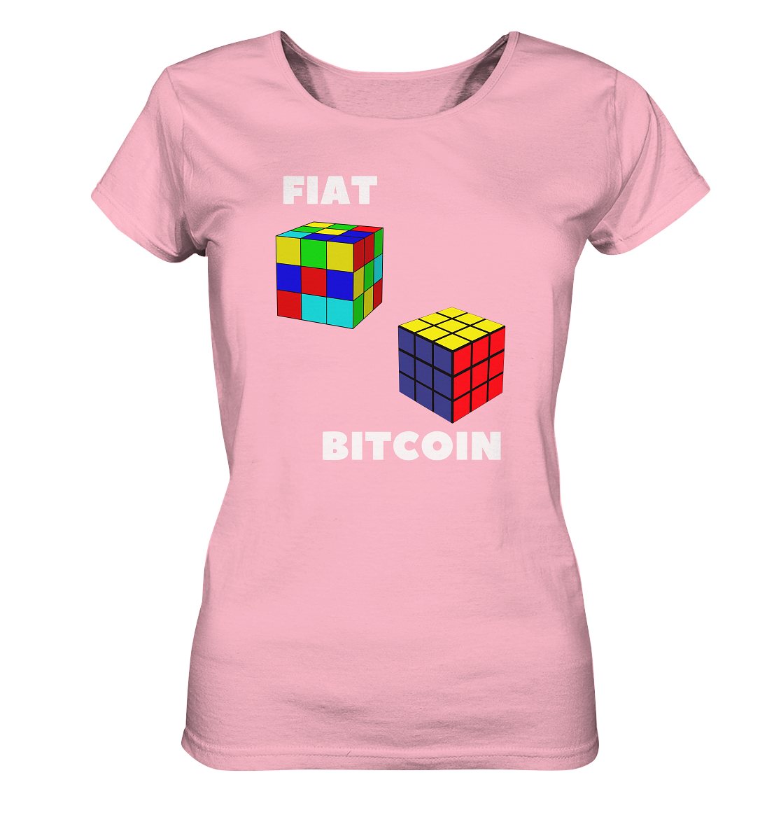 FIAT Cube & BITCOIN Cube - weisse Schrift, gerade (Ladies Collection 21% Rabatt bis zum Halving 2024) - Ladies Organic Shirt
